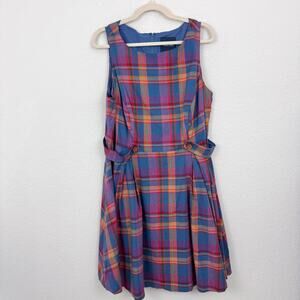 ModCloth Womens Something Sixties A Line Dress Size 16 Linen Cotton Plaid Retro
